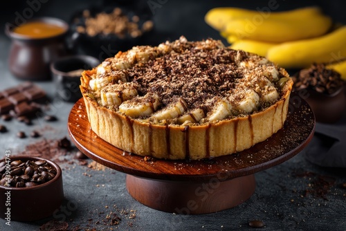 Classic banoffee pie featuring banana caramel filling topped with grated dark chocolate and coffee photo