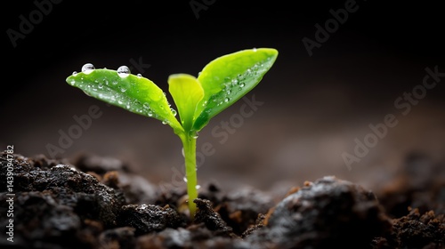 Sprout Growing From Soil with Water Drops Symbolising New Life