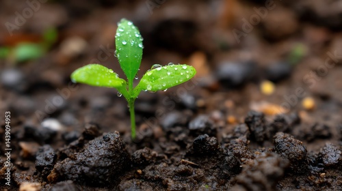Sprout Growing in Soil with Water Droplets on Leaves Close Up