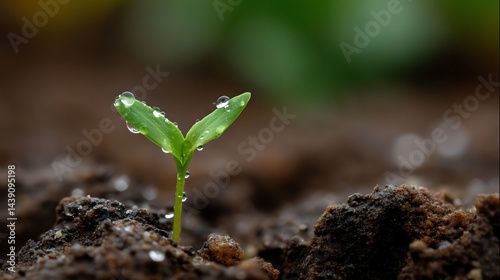 New Sprout Growing From Soil with Water Droplets on Leaves