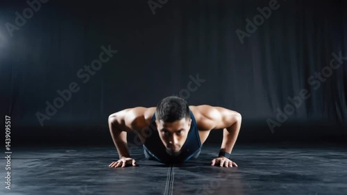 Determined man performing a plank exercise. photo