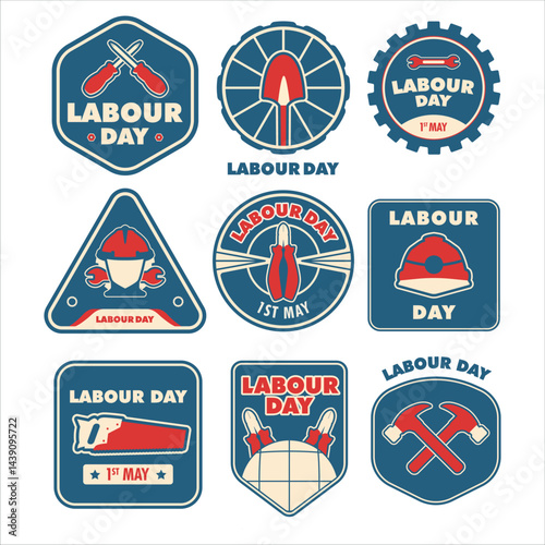 Labor Day emblem set in vintage style for worker union celebration.