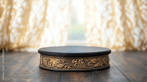 Display Round Wooden Stand on Wooden Floor with Soft Curtain Backdrop