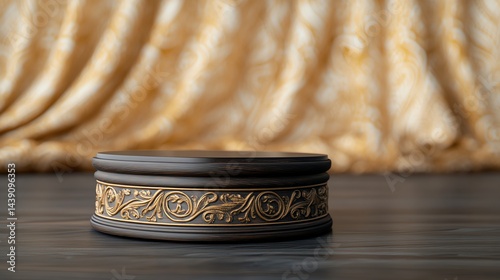 Ornate Wooden Product Display Podium on Dark Wood Surface with Fabric