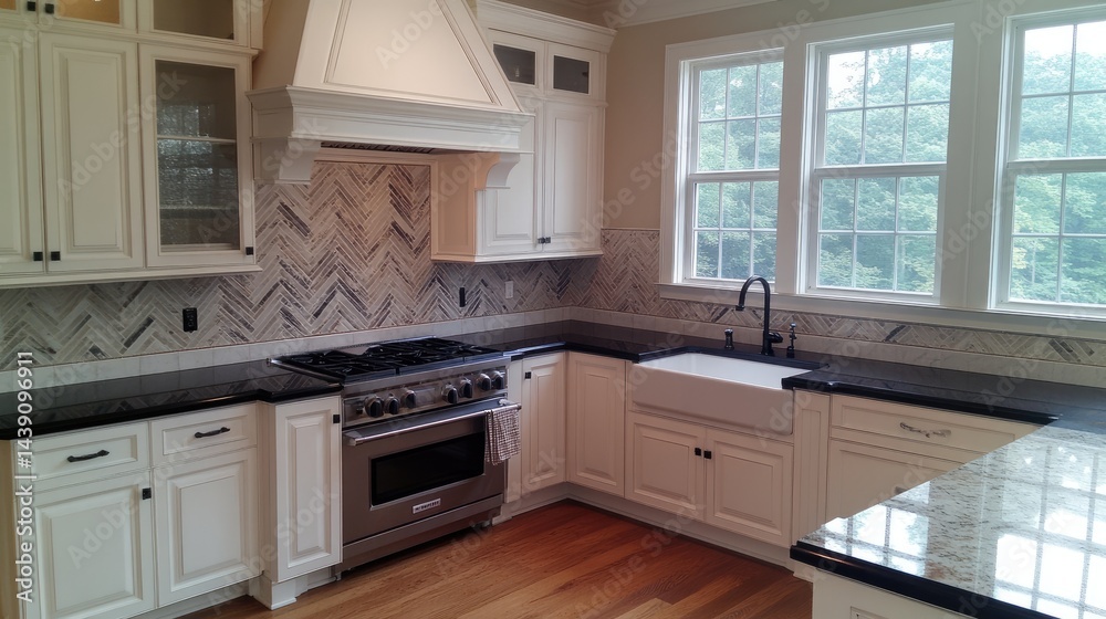 Fototapeta premium Modern kitchen with herringbone patterned backsplash and granite countertops.