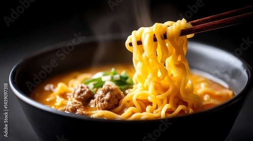 Eating Hot Ramen Noodle Soup with Chopsticks in Dark Bowl