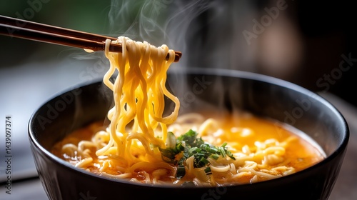 Eating Steaming Hot Ramen Noodles with Chopsticks in a Black Bowl