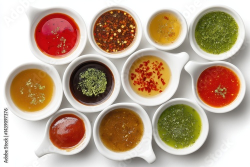 Wallpaper Mural Close up aerial image of various spicy sauces on plates against a white background Torontodigital.ca
