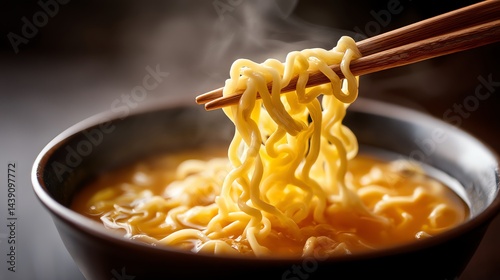 Eating Hot Ramen Noodles with Chopsticks Steaming Bowl Close-up
