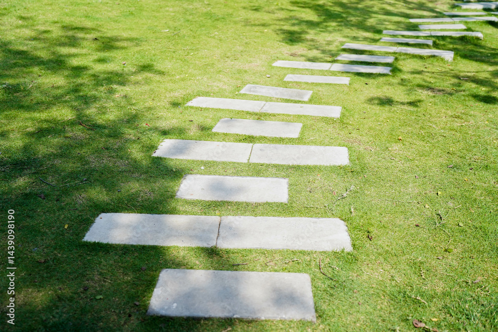 Detail of garden path with stone slabs with green lawn. Landscaping and gardening concept.