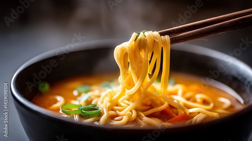 Eating Hot Noodle Soup with Chopsticks in a Black Bowl