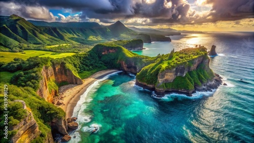 Serene Coastal Paradise Lush Green Cliffs, Azure Ocean Waters, and Golden Sunset Rays Embrace a Secluded Sandy Beach