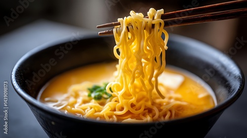 Serving Ramen Noodles with Chopsticks in a Bowl of Broth Close-up