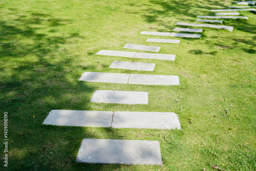 Obraz na płótnie Detail of garden path with stone slabs with green lawn. Landscaping and gardening concept. w salonie