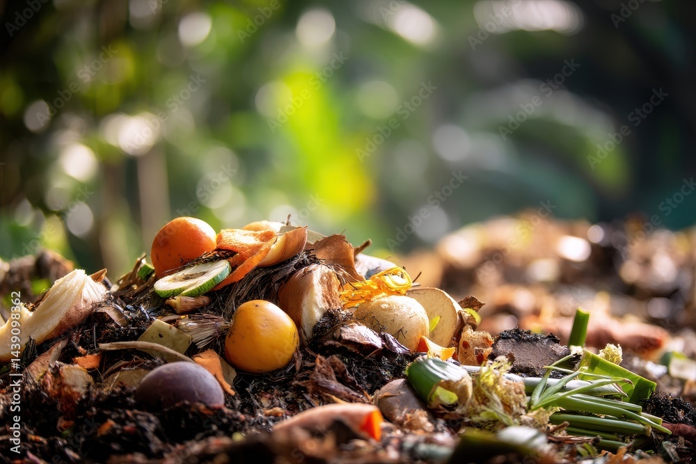 Close up of a garden compost heap with food scraps Background texture emphasizing zero waste and composting Close up of a garden compost heap with food scraps Background texture emphasizing zero waste and composting
