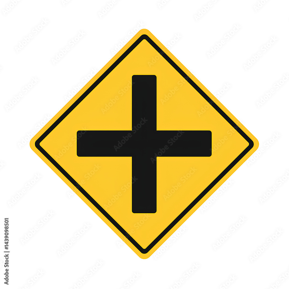 Obraz premium A crossroads warning sign with a black cross inside a yellow diamond shape.