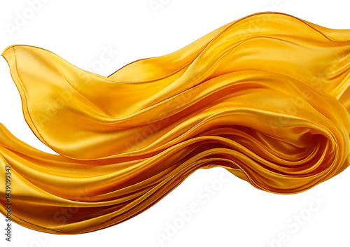 Smooth Yellow silk fabric wave with elegant folds and reflections isolated on transparent or white background