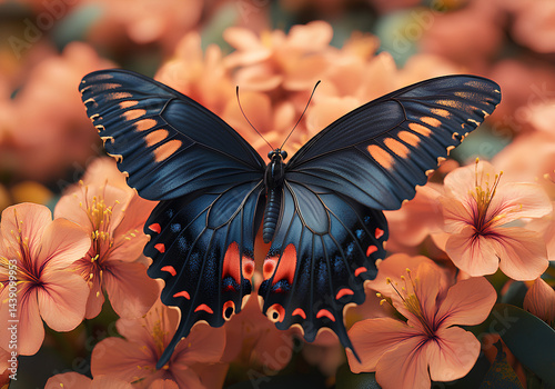 A colorful butterfly perched on vibrant flowers, with its wings spread wide and delicate features in focus