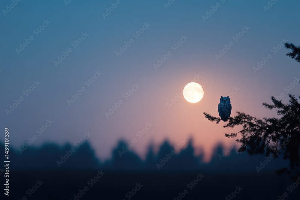 Obraz premium lone owl perched silently on tree branch at night moon illuminated partially in background