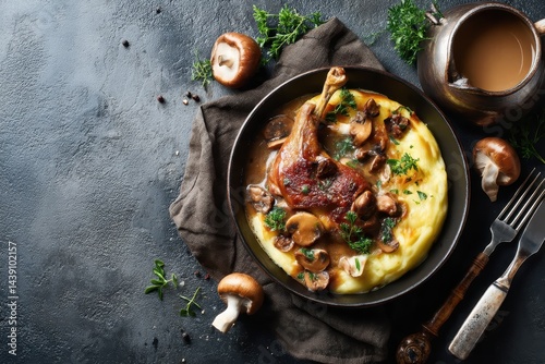 Confit duck legs with gratin potatoes and mushroom sauce Restaurant dish Empty area Overhead view