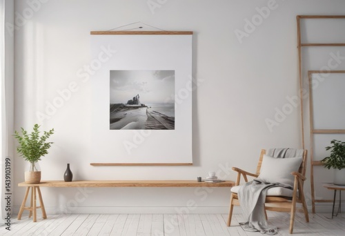 Stylish poster displayed with wooden clips against white wall  Bright, airy room ,  home decor,  studio,  clip