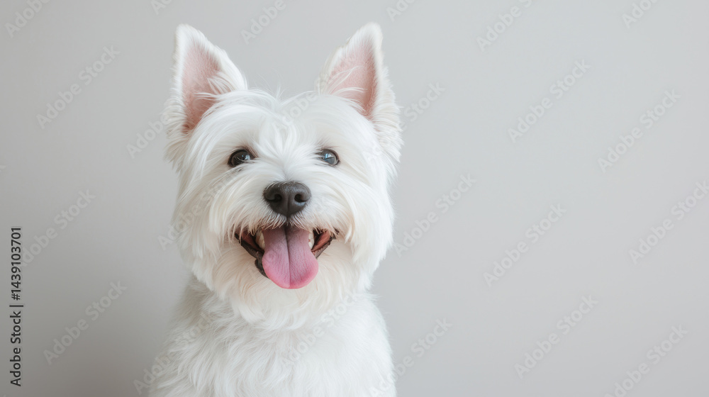 Happy West Highland Terrier dog with fluffy white coat and perky ears sits in front of plain white background, looking directly at camera with its tongue out Happy West Highland Terrier dog with fluffy white coat and perky ears sits in front of plain white background, looking directly at camera with its tongue out