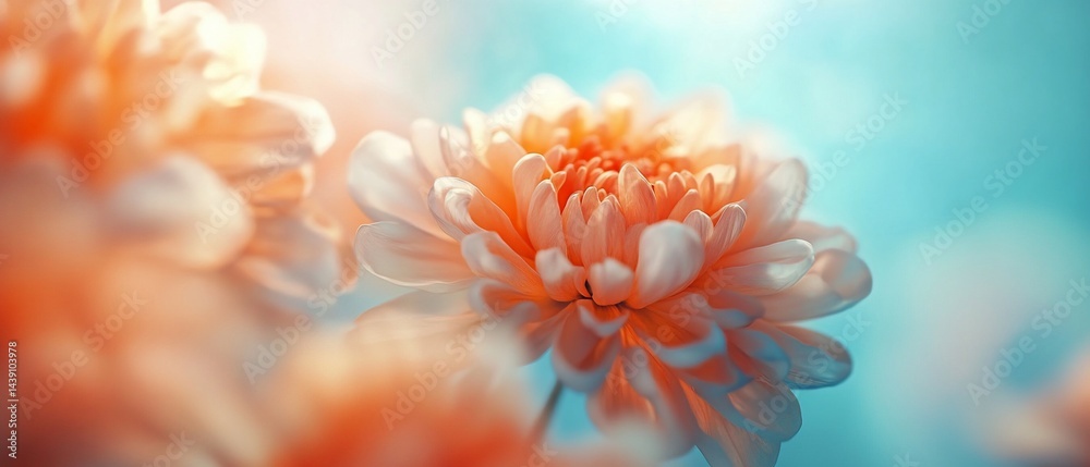 Peach chrysanthemum blooms with a blurred, ethereal turquoise background Peach chrysanthemum blooms with a blurred, ethereal turquoise background
