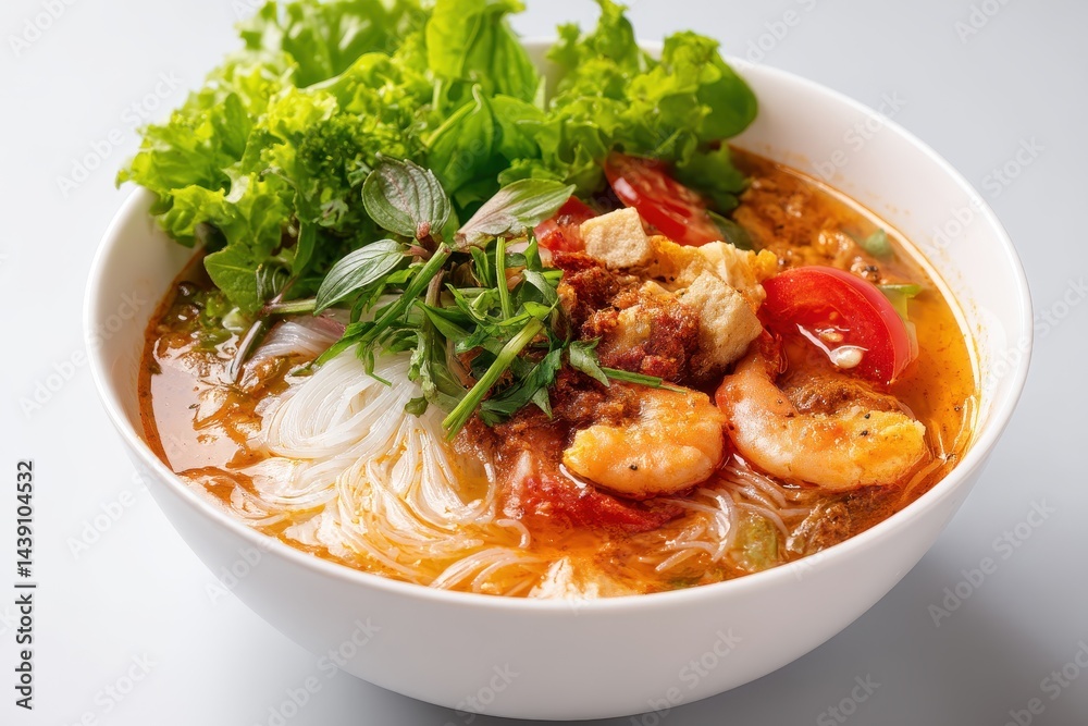 Crab paste noodle soup with shrimp tofu and tomato Vietnamese cuisine on white background Crab paste noodle soup with shrimp tofu and tomato Vietnamese cuisine on white background