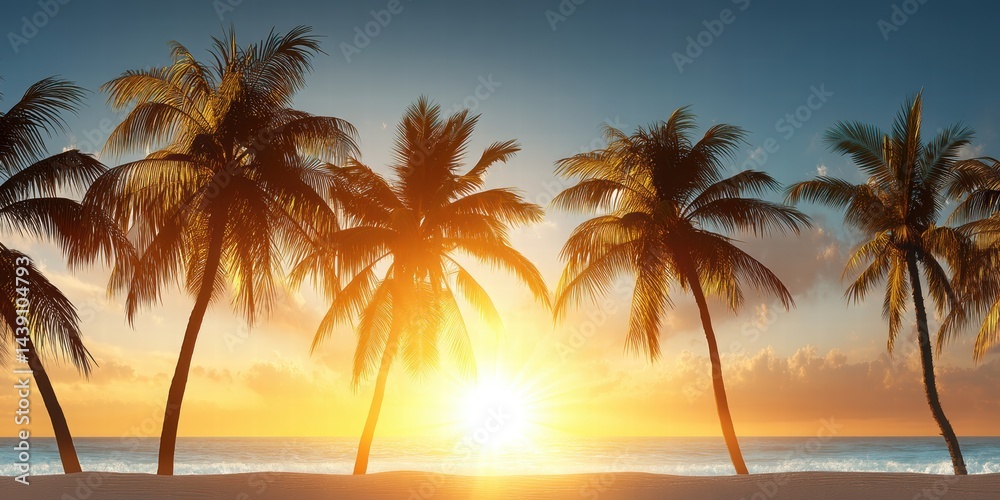 Obraz premium Panoramic View of a Sunrise on the Island Concept. Serene Sunset Over Calm Ocean with Palm Trees Silhouetted Against Colorful Tropical Sky