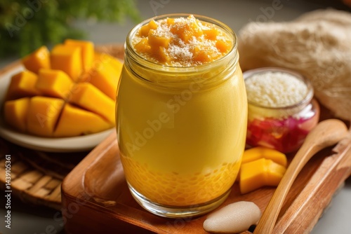 Creamy Mango Sago Dessert a sweet treat from Hong Kong features mango puree sago and coconut milk topped with sliced mango and served cold in a jar photo