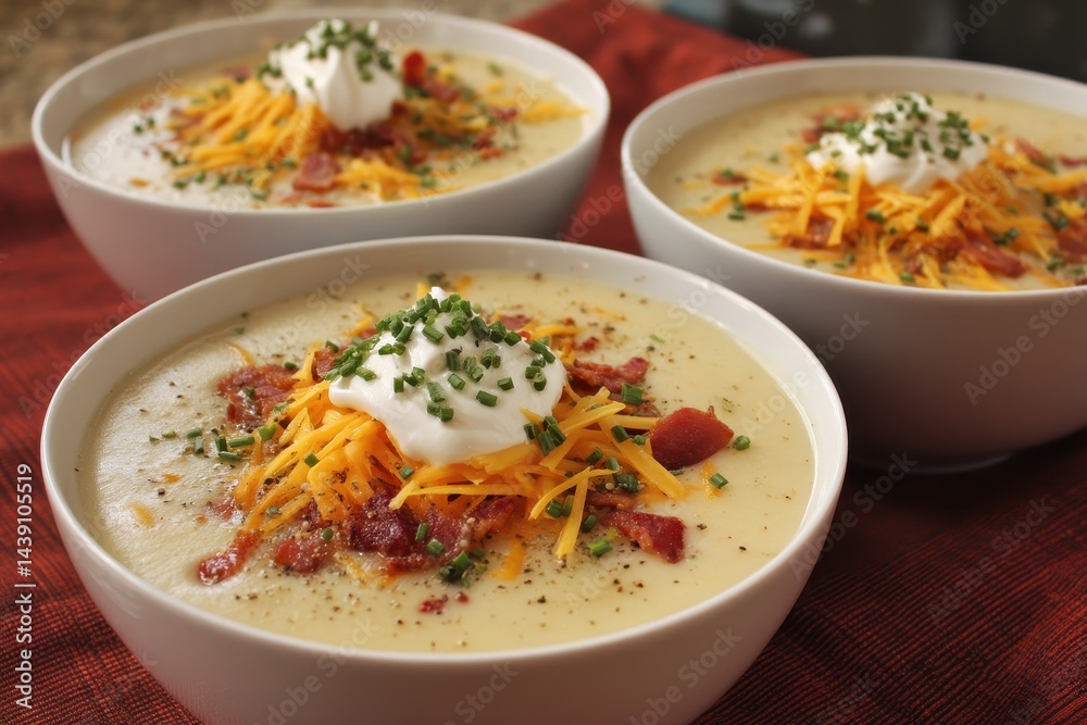 Creamy potato soup with sour cream cheese bacon and chives Creamy potato soup with sour cream cheese bacon and chives