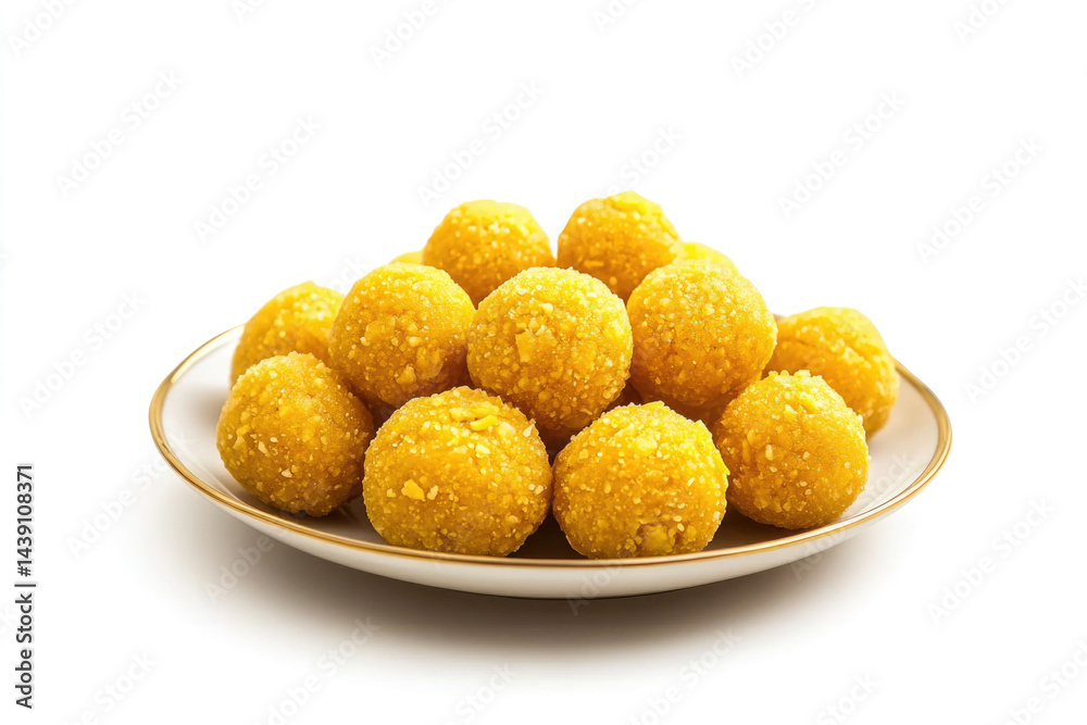 A plate of traditional Indian sweet treats called laddu A plate of traditional Indian sweet treats called laddu