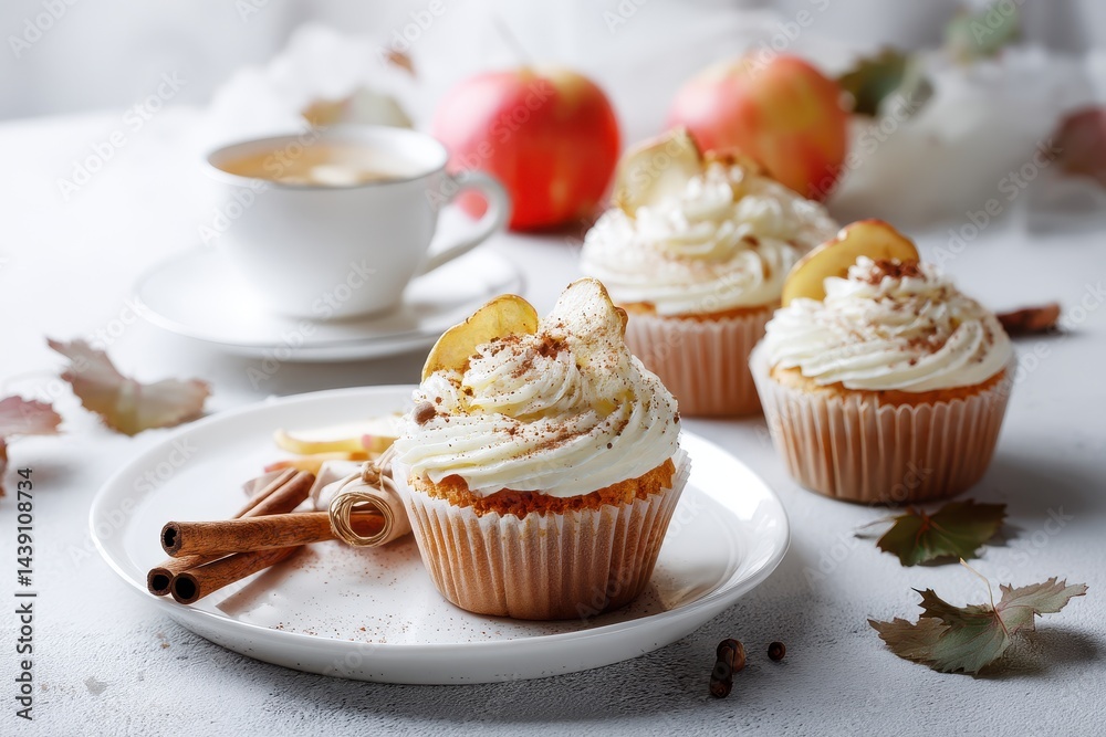 Homemade autumn cupcakes topped with cream cheese dried apples and cinnamon on a white plate Close up with space for text Homemade autumn cupcakes topped with cream cheese dried apples and cinnamon on a white plate Close up with space for text