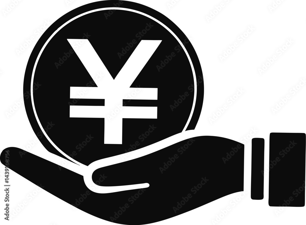 Fototapeta premium Black Silhouette of a Hand Holding a Yen Currency Symbol - Concept of Finance, Investment, Banking, Economy, Savings, and Money Management in Japan