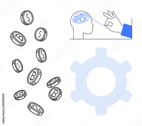 Human head with tangled lines representing brain activity, cogwheel symbol for problem-solving, and cascading bitcoins. Ideal for innovation, finance, cryptocurrency, creativity, mental process