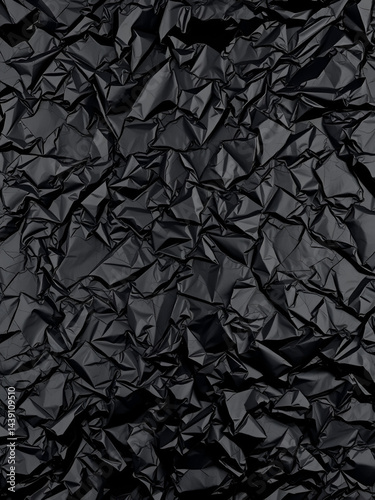 Crumpled Black Plastic Background with Dynamic Texture and Depth.