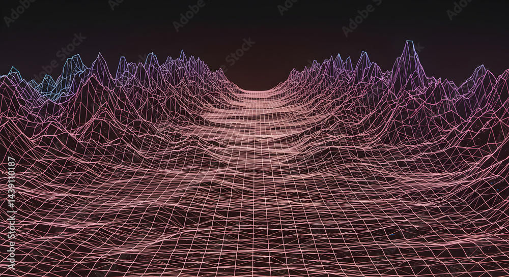 Fototapeta premium Abstract Synthwave Grid Landscape With Mountain Peaks On Dark Background