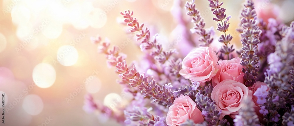 Pink roses and lavender bloom, soft light bokeh background indoors Pink roses and lavender bloom, soft light bokeh background indoors