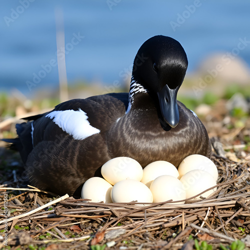 Common Eider, Somateria mollissima, brooding on its eggs. Camouflaged duck sitting hidde on nest on the ground in summer Iclandic nature.