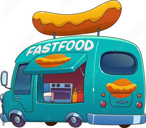 Food truck car or festival street foodtruck van with hot dogs, cartoon vector. Street food truck and fast food vendor kiosk booth with sausage sign on roof for street market and cuisine festival truck