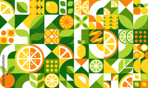 Citrus fruits geometric pattern background of fresh farm food and agriculture. Vector abstract citrus fruits, green leaves and flowers flat geometric mosaic. Oranges, limes and lemon slices pattern