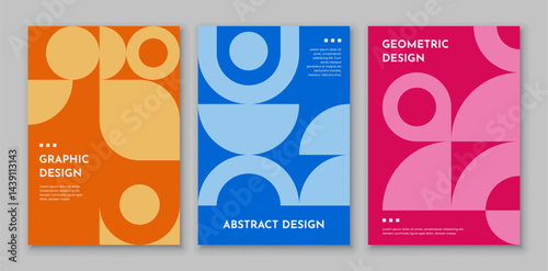 Abstract business posters with geometric pattern vector background. Retro graphic minimal art shapes cover templates set with circles and leaves pattern. Trendy geometric shapes and figures posters