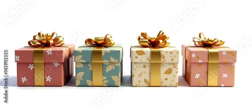 Colorful gift boxes with decorative bows, isolated on white background - ideal for celebrations, birthdays, holidays, and special occasion-themed visuals or promotions.