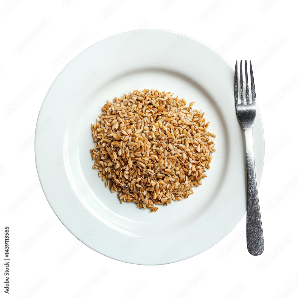 Healthy whole grains served on a white plate with a fork beside it for nutritious eating Healthy whole grains served on a white plate with a fork beside it for nutritious eating