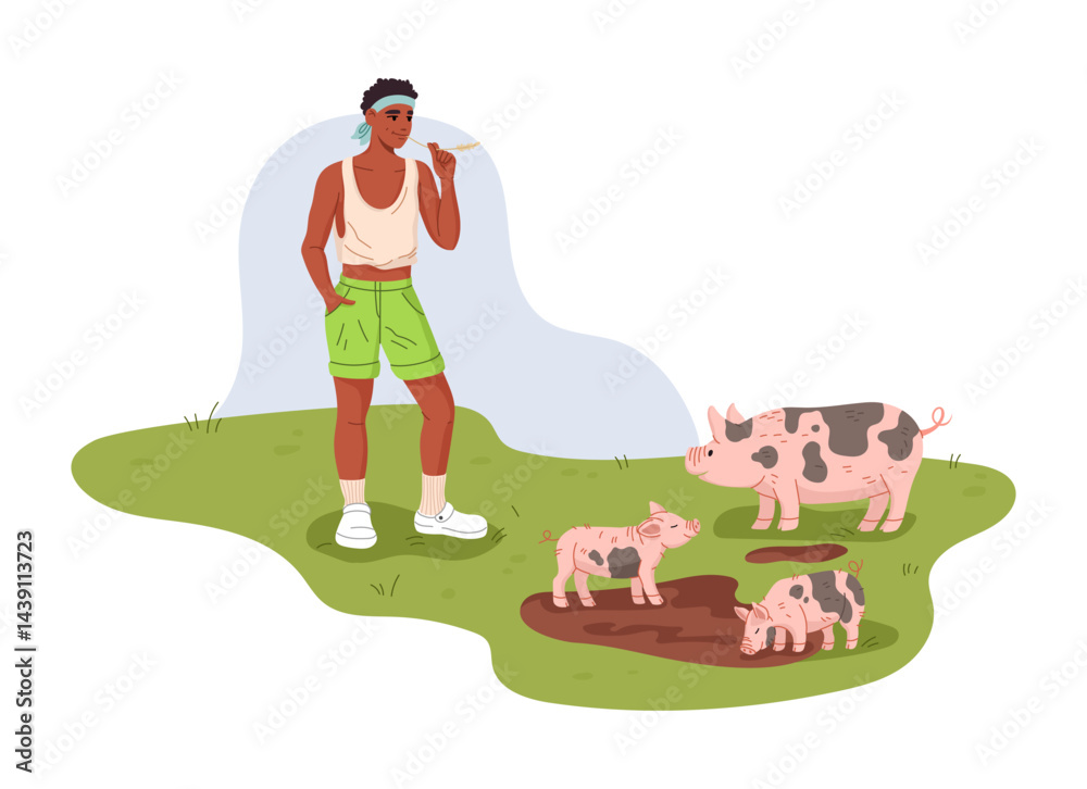 Fototapeta premium Young relaxed farmer man standing on green field watching piglets and pig play in muddy puddle. Cartoon flat vector male character symbolizing a calm rural summer lifestyle, animal farming and care