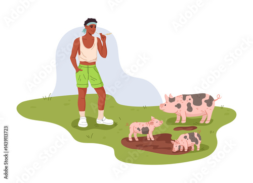 Young relaxed farmer man standing on green field watching piglets and pig play in muddy puddle. Cartoon flat vector male character symbolizing a calm rural summer lifestyle, animal farming and care