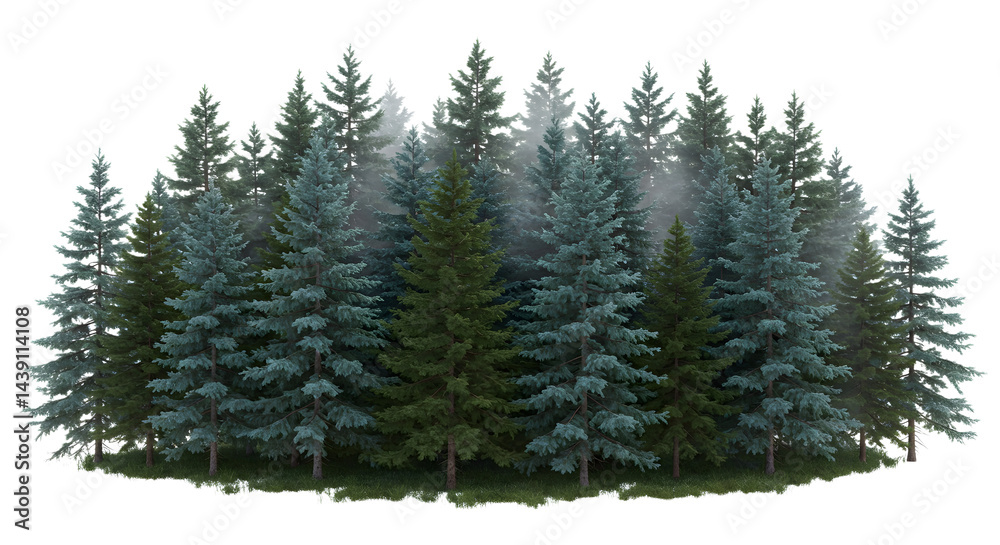 Fototapeta premium Dense Evergreen Forest with Subtle Fog on a White Background