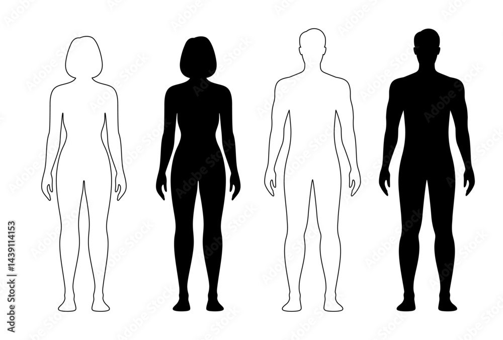 Man and woman human body silhouette, patient front view outline figure. . Isolated vector monochrome contour of male and female person shapes, standing full height. Bare and naked slim healthy people