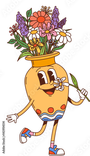 Cartoon groovy hippie flower vase character with smiling face, big eyes and vibrant wildflowers bouquet holds a daisy in hand and sniffing it, while walking joyfully full of retro charm and y2k vibes