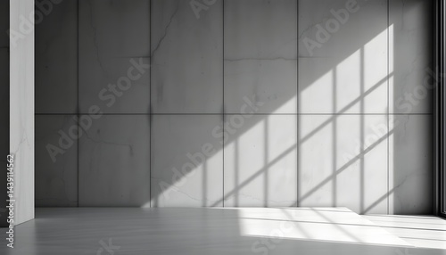 Industrial minimalist setting, smooth grey concrete walls, polished floor.